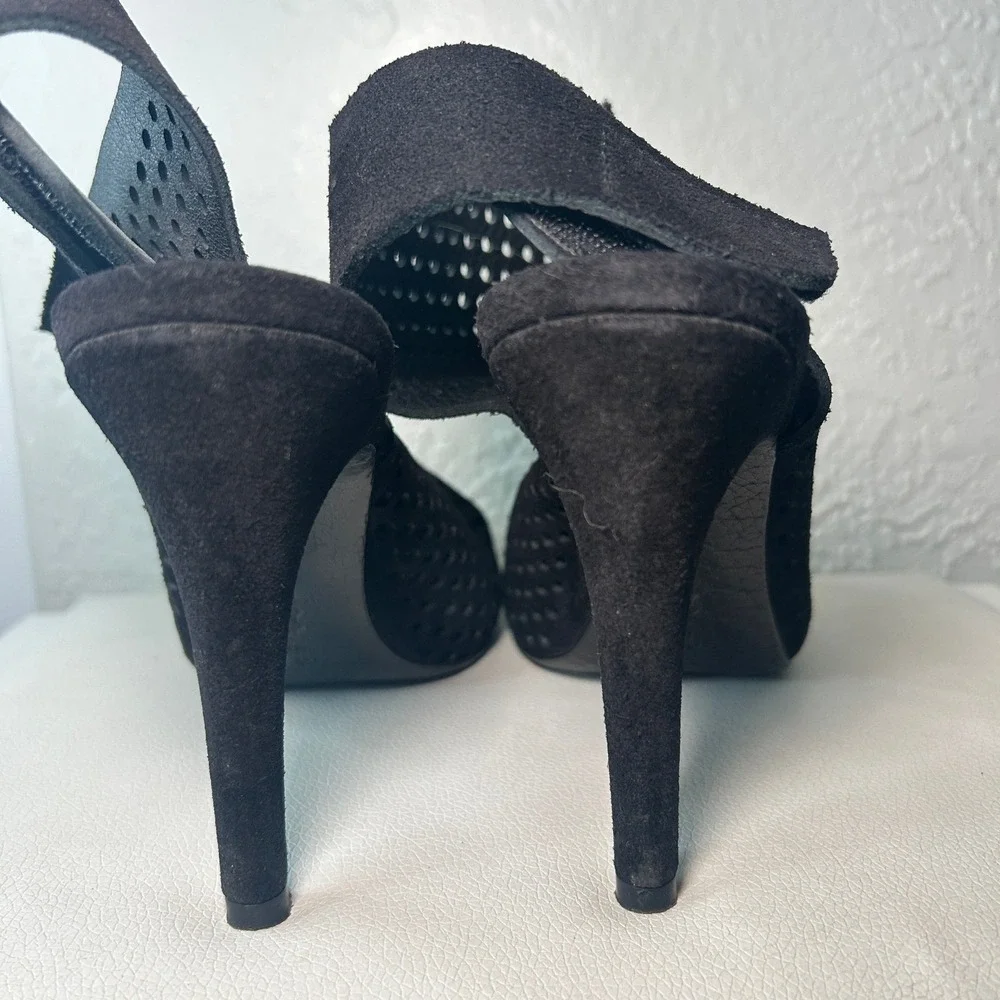 Pedro Garcia Sofia Black Suede Leather Peep Toe Heels Slingback‎ Perforated Sz 9